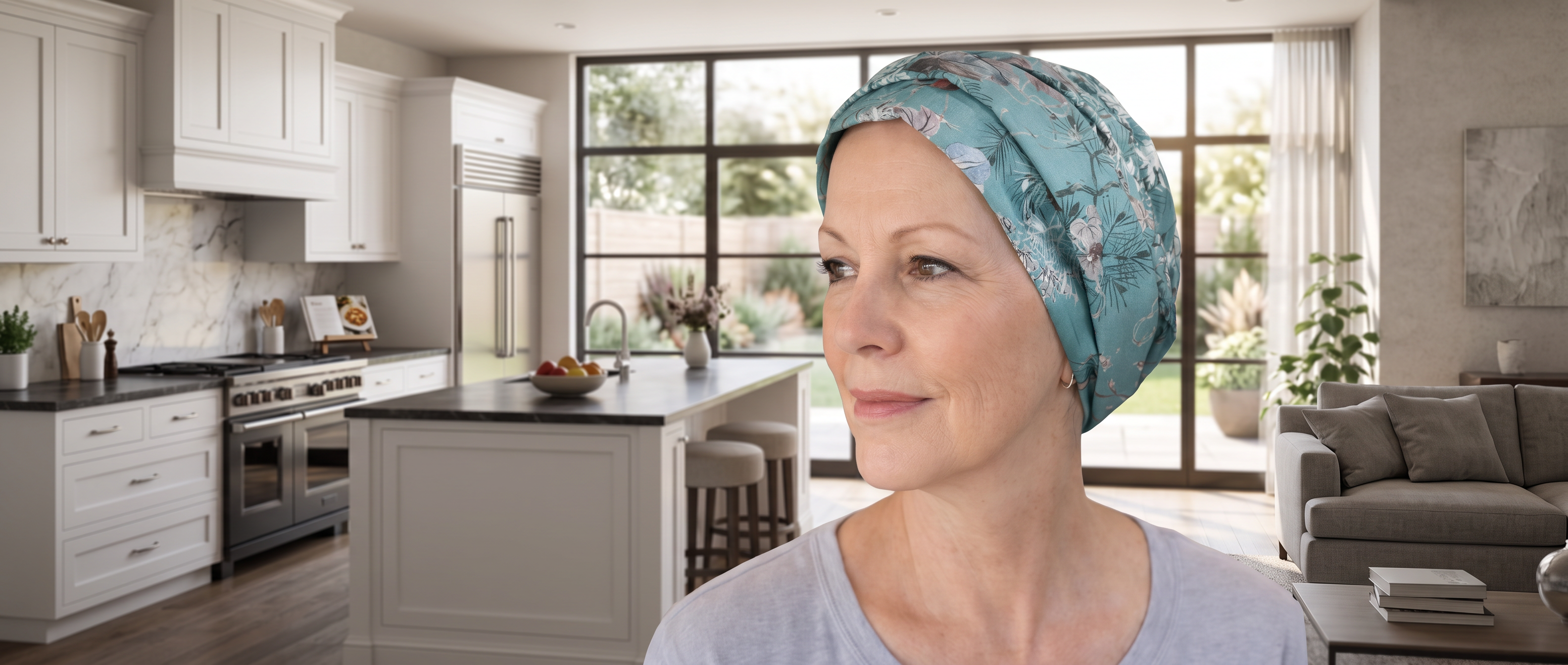 A woman wearing a teal and white floral patterned headscarf for hair loss is shown in profile in a bright, modern kitchen and living room setting.