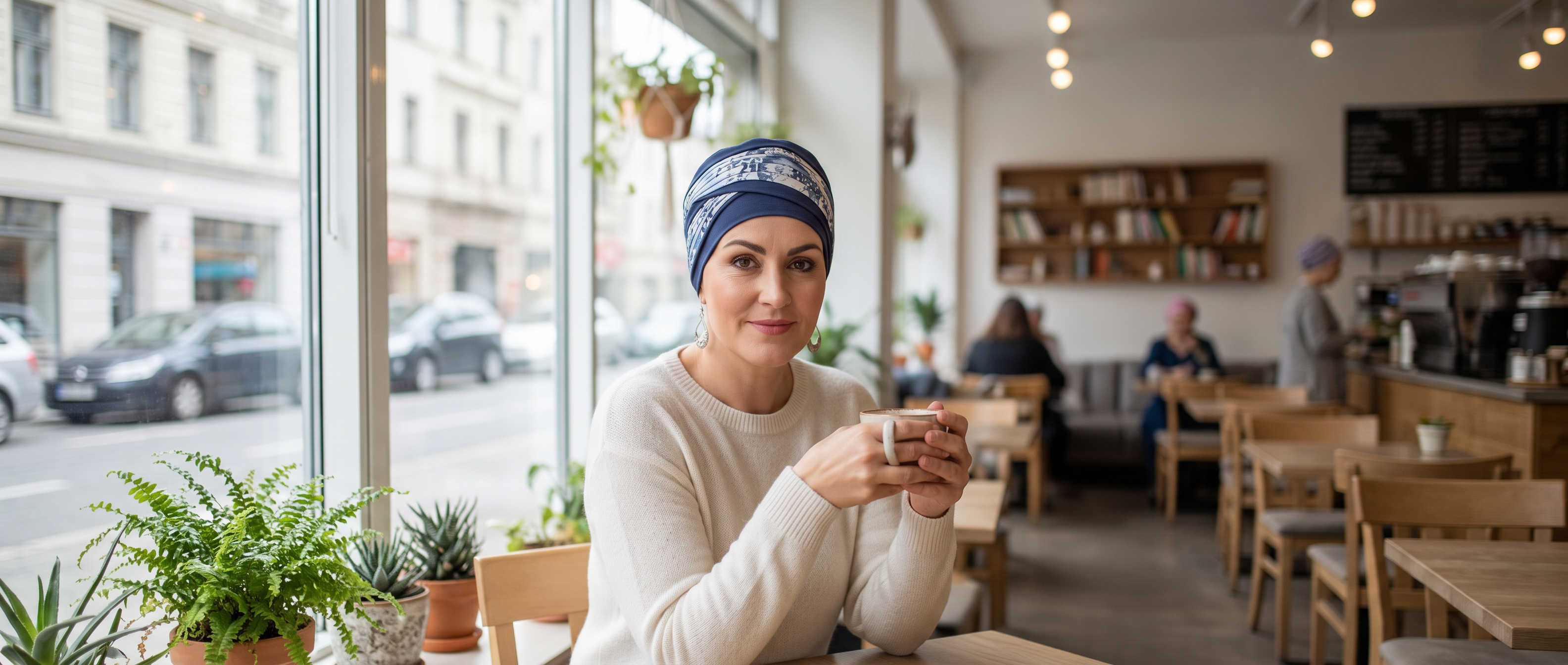 A woman wearing a blue and white patterned chemo headscarf sits in a bright cafe, holding a mug. The cafe has wooden tables and chairs, a counter in the background, and large windows looking out onto a city street with parked cars.