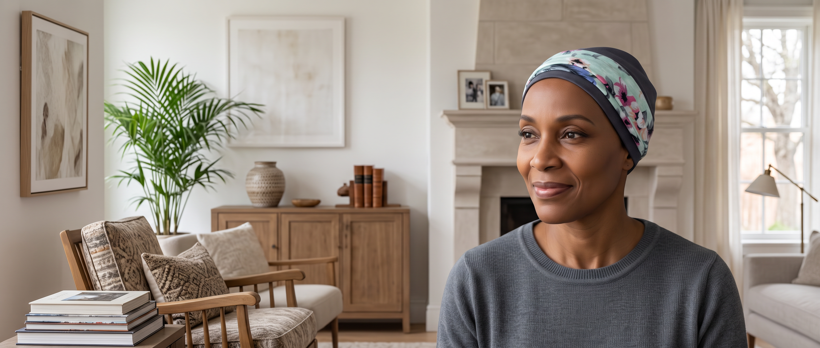 A woman wearing a blue and white floral patterned chemo hat and a gray ribbed sweater is shown in a warm, modern living room setting.