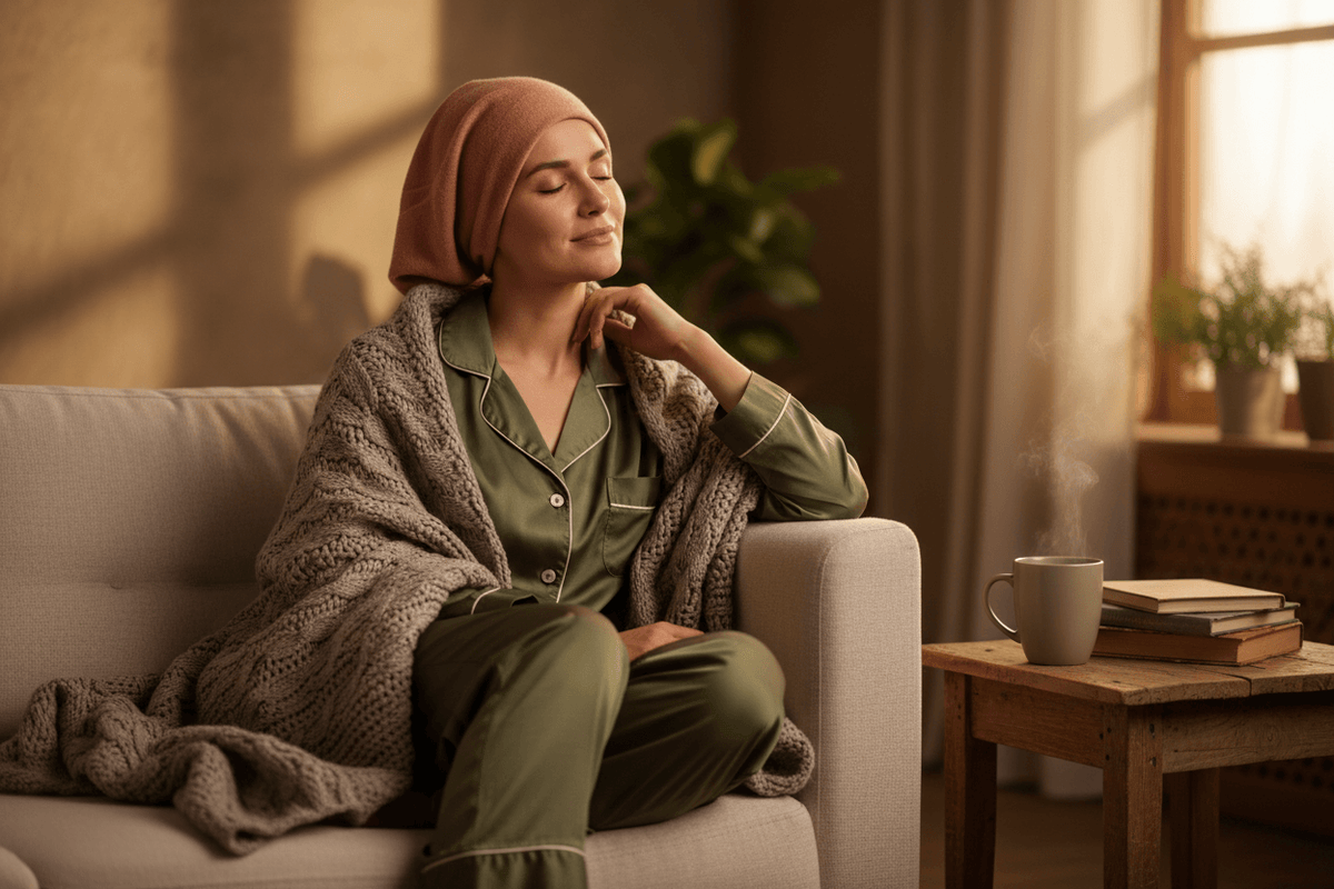 A woman in Pjs wearing a chemo hat