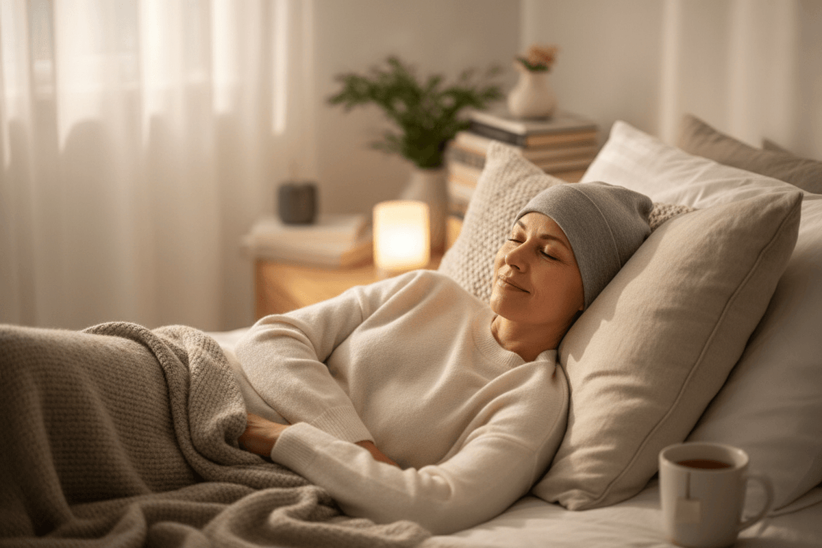 A woman in bed with no hair wearing a sleep hat