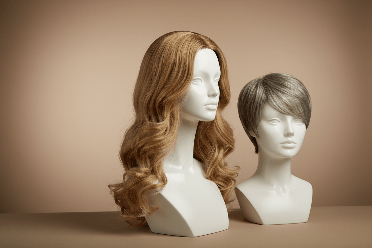 A long and a short haired wig on two mannequins