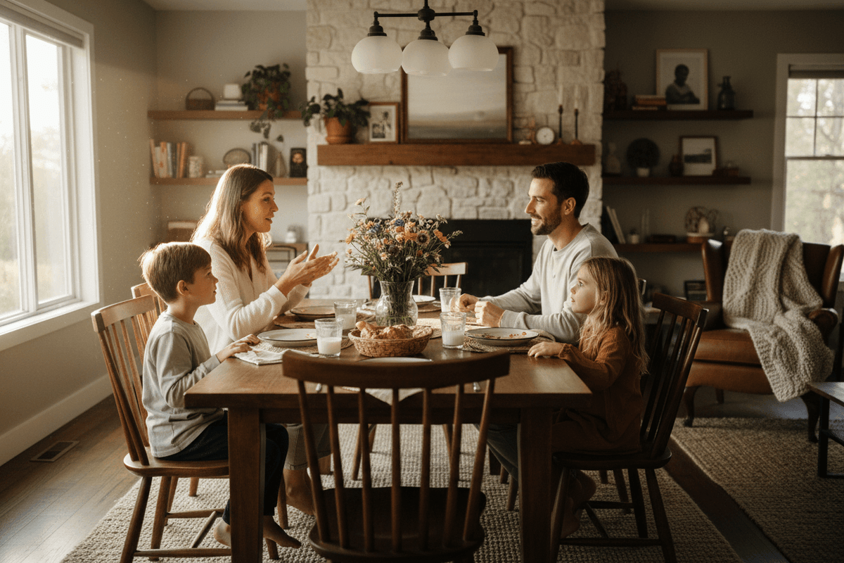 A young family sitting around a table talking