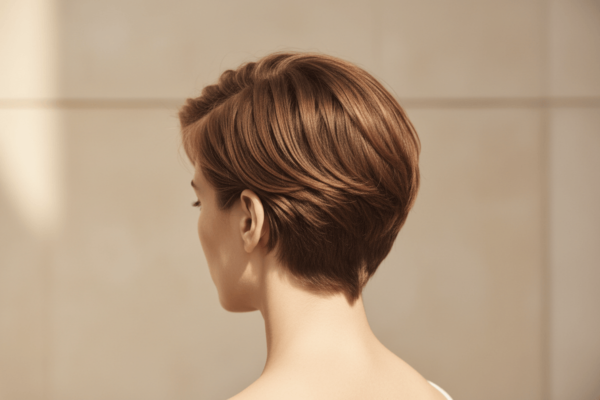 The back of a womans head with a short pixie hair cut