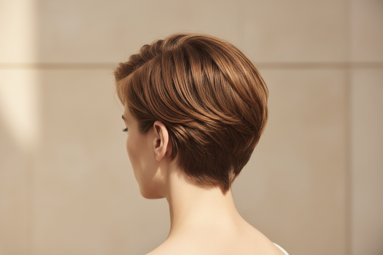 The back of a womans head with a short pixie hair cut