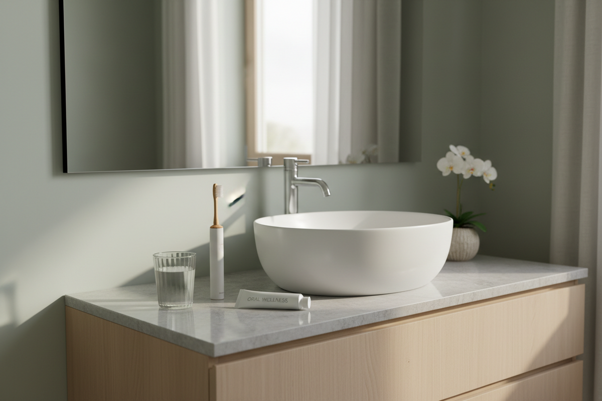 bathroom sink, glass of water, toothbrush and toothpaste