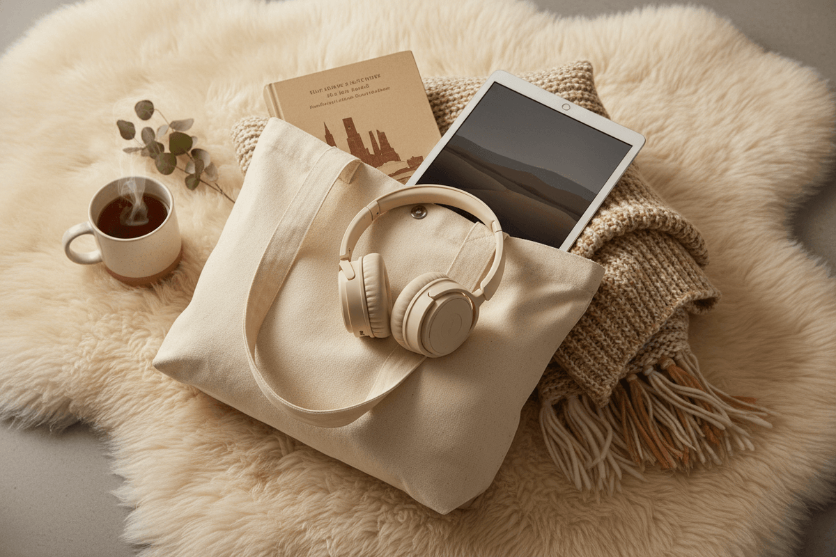 an image of a tote bag with an ipad, headphones, book and blanket