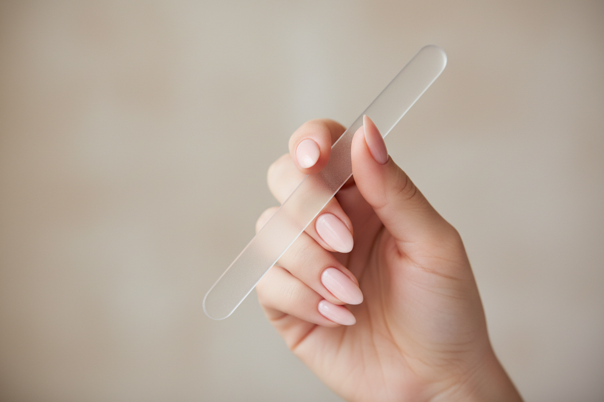 A woman holding a glass nail file