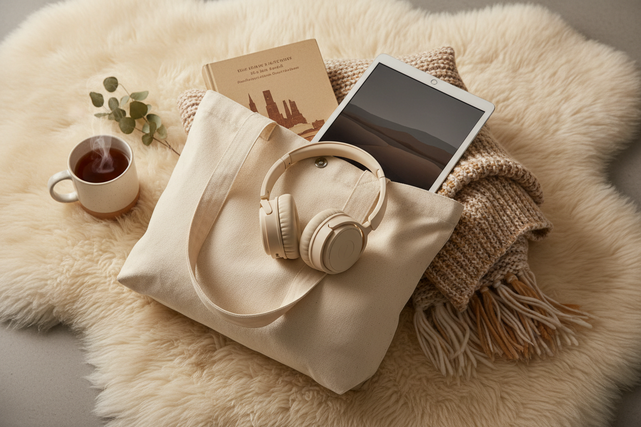 an image of a tote bag with an ipad, headphones, book and blanket