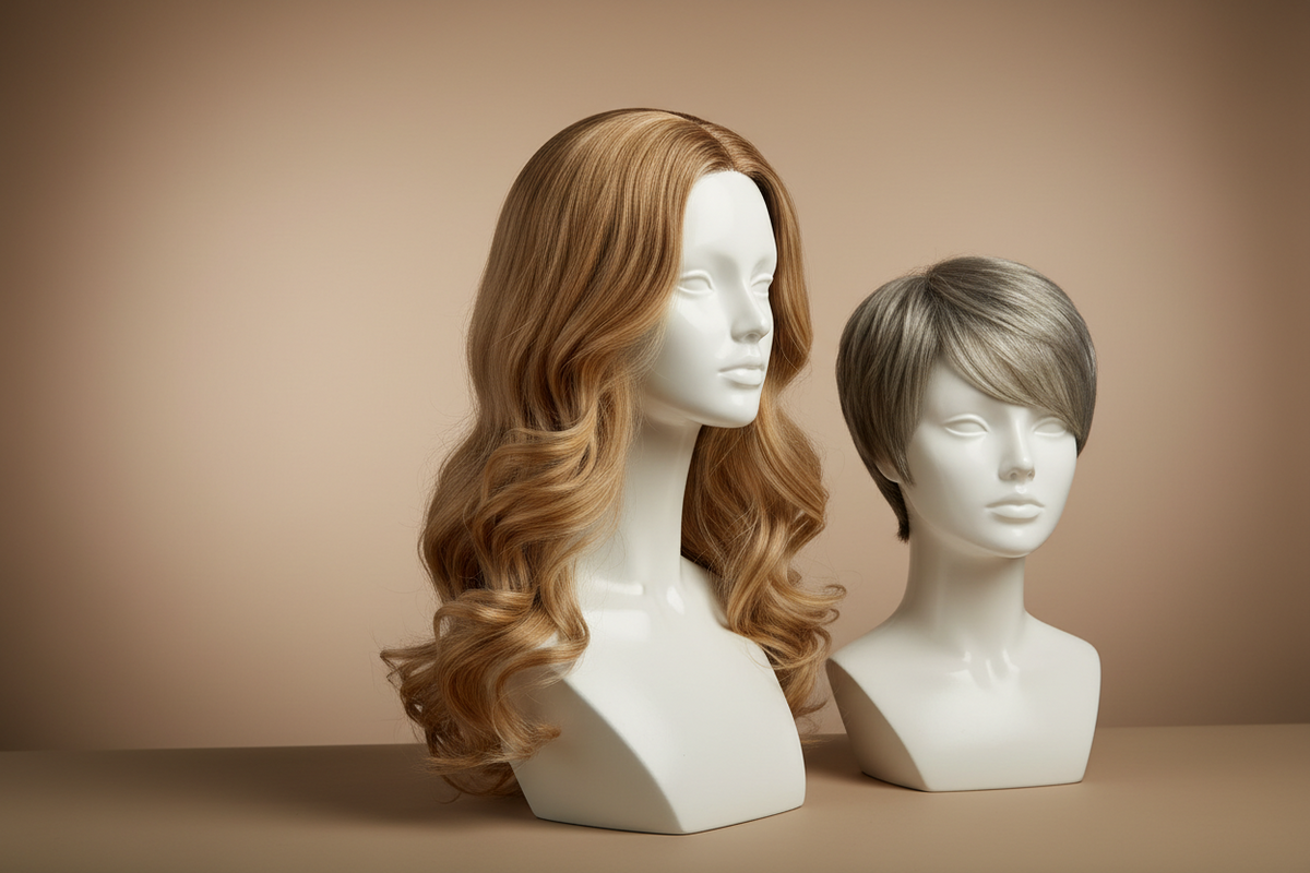 A long and a short haired wig on two mannequins