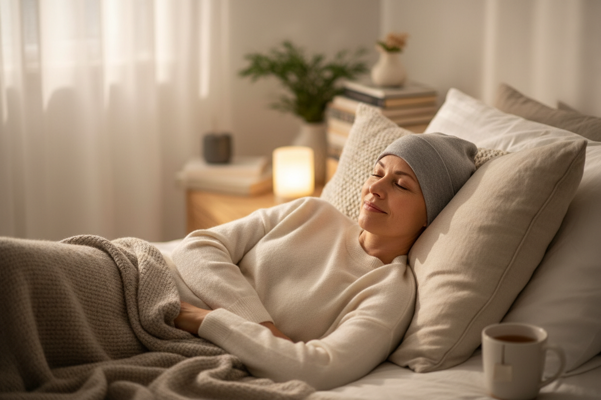 A woman in bed with no hair wearing a sleep hat