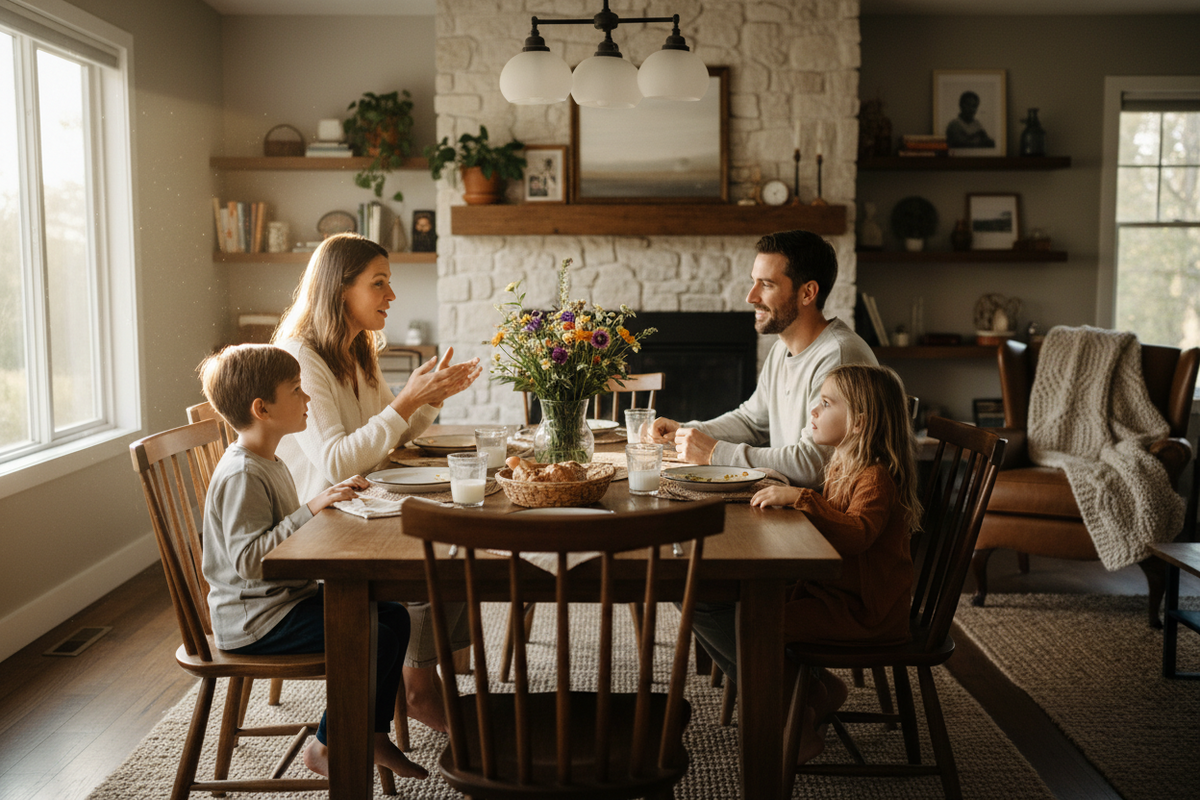 A young family sitting around a table talking