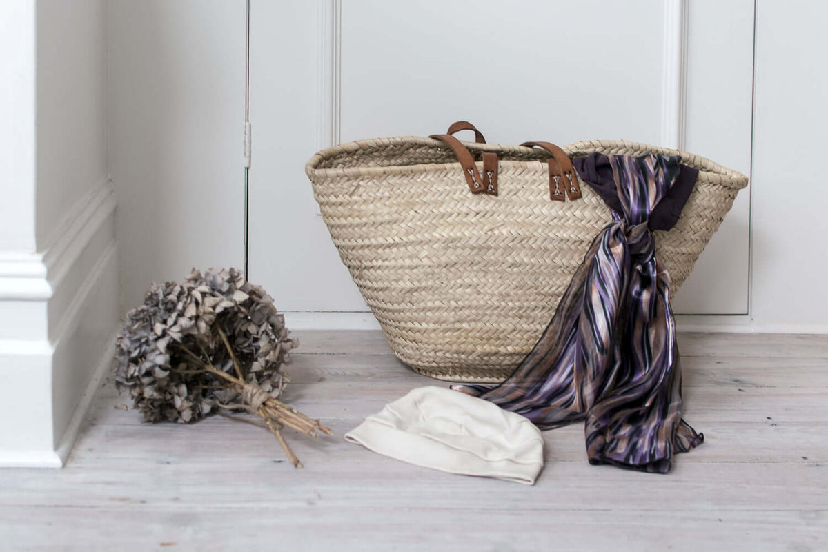 Shopping basket with a chemo hat and headscarf in it