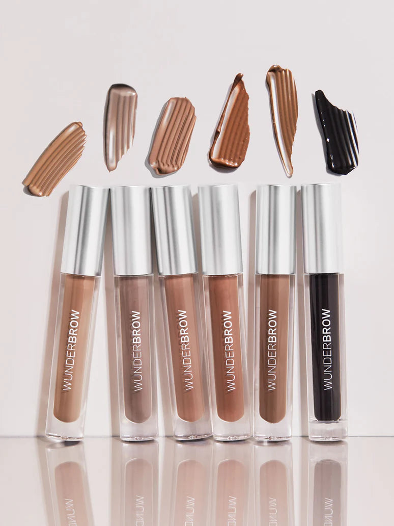 Wunderbrow eyebrow products with color swatches on a white background