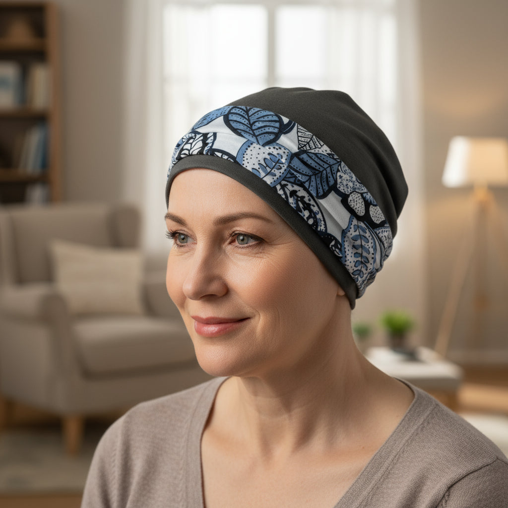 Woman wearing a patterned hat for chemotherapy patientsin a cozy living room setting