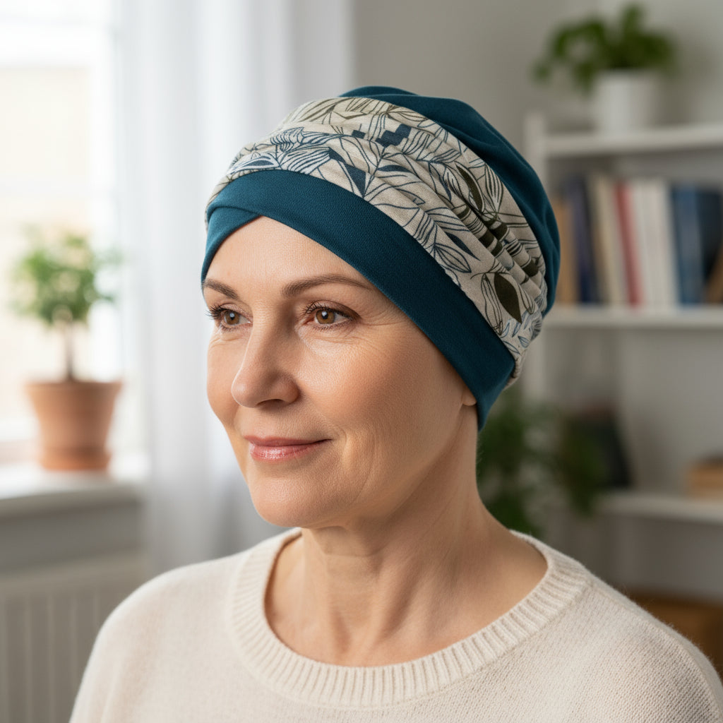 Woman wearing a patterned hat for hair loss in a home setting