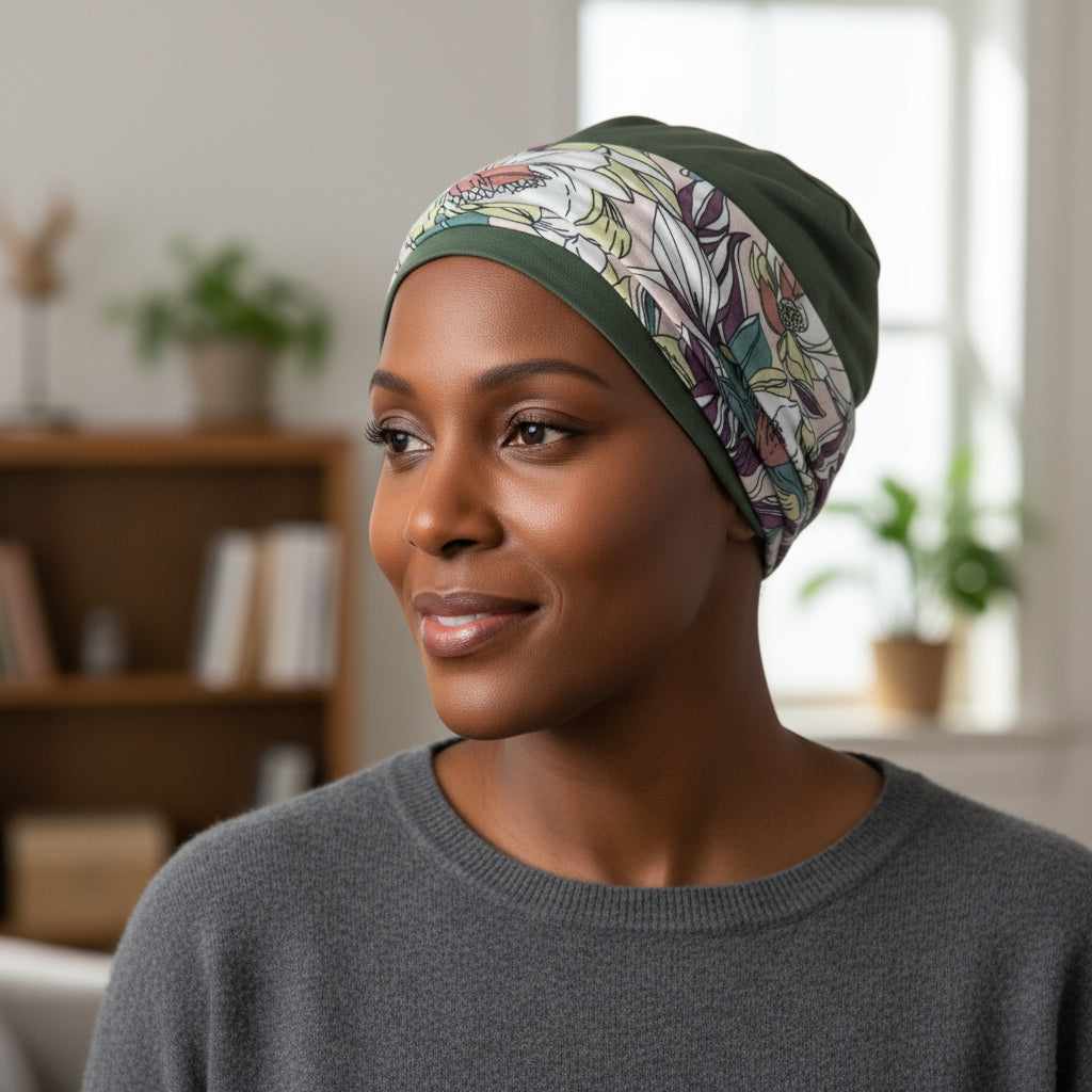 Woman wearing a patterned chemo hat for cancer patients in a home setting