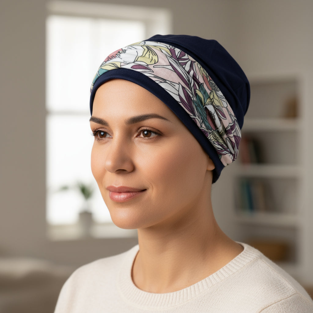 Woman wearing a floral hat for cancer patients and navy headband indoors