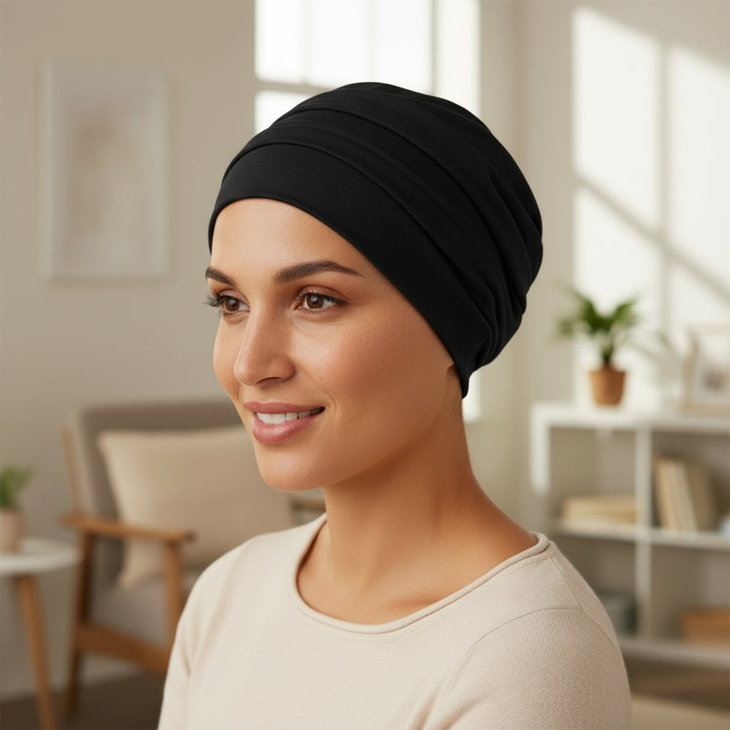 Woman wearing a black chemotherapy headscarf in a bright room with plants and furniture.
