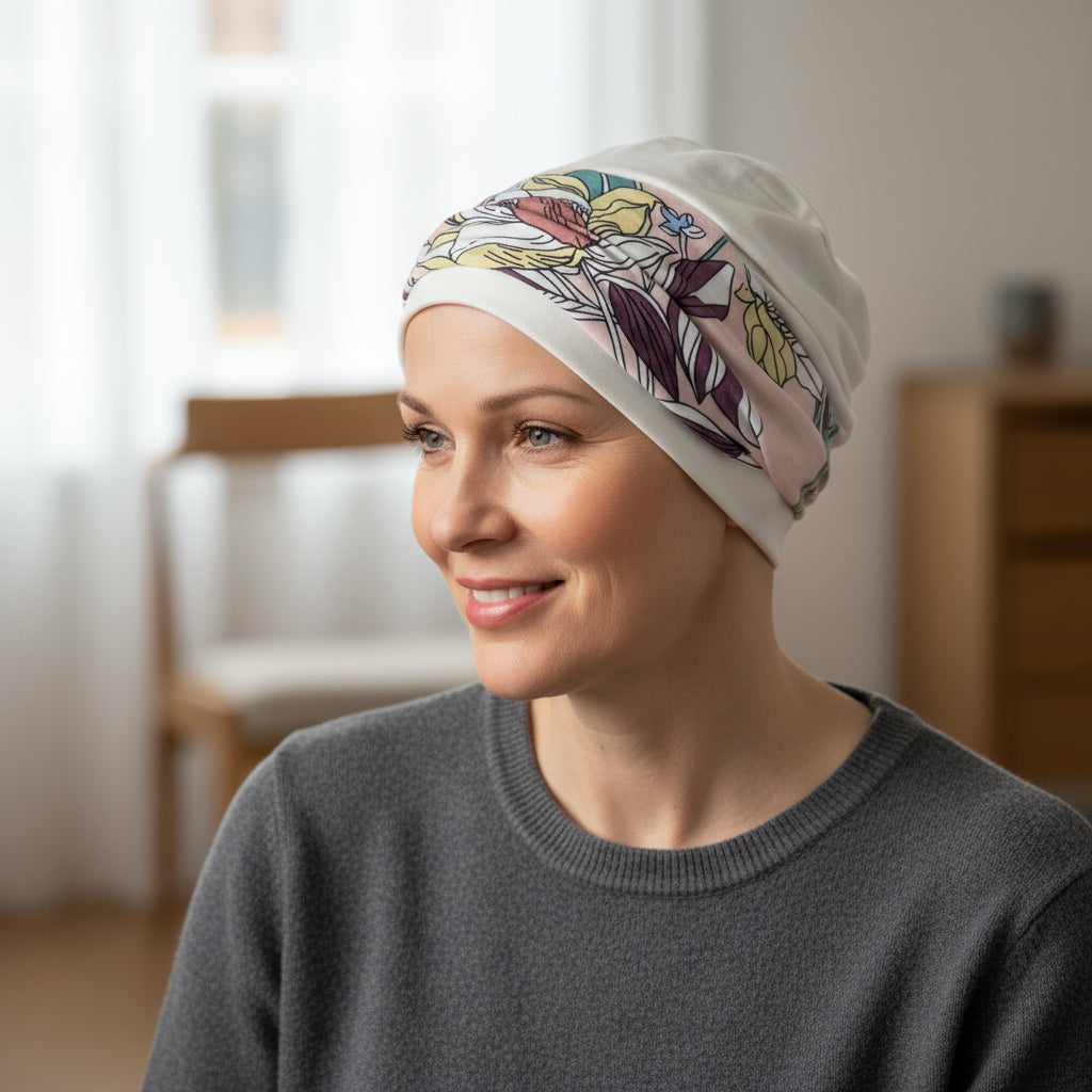 Woman wearing floral patterned chemotherapy headwear indoors