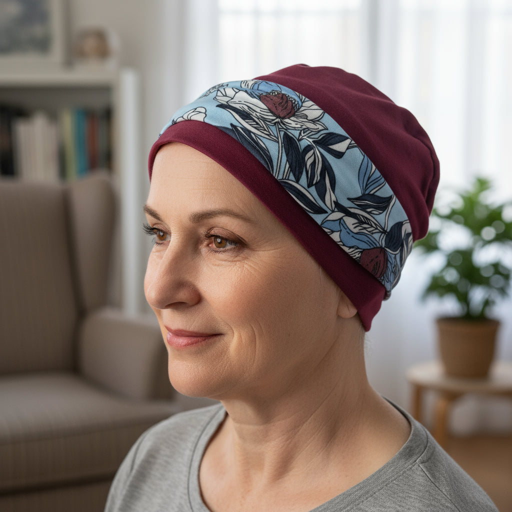 Woman wearing a floral chemo hat in a home setting