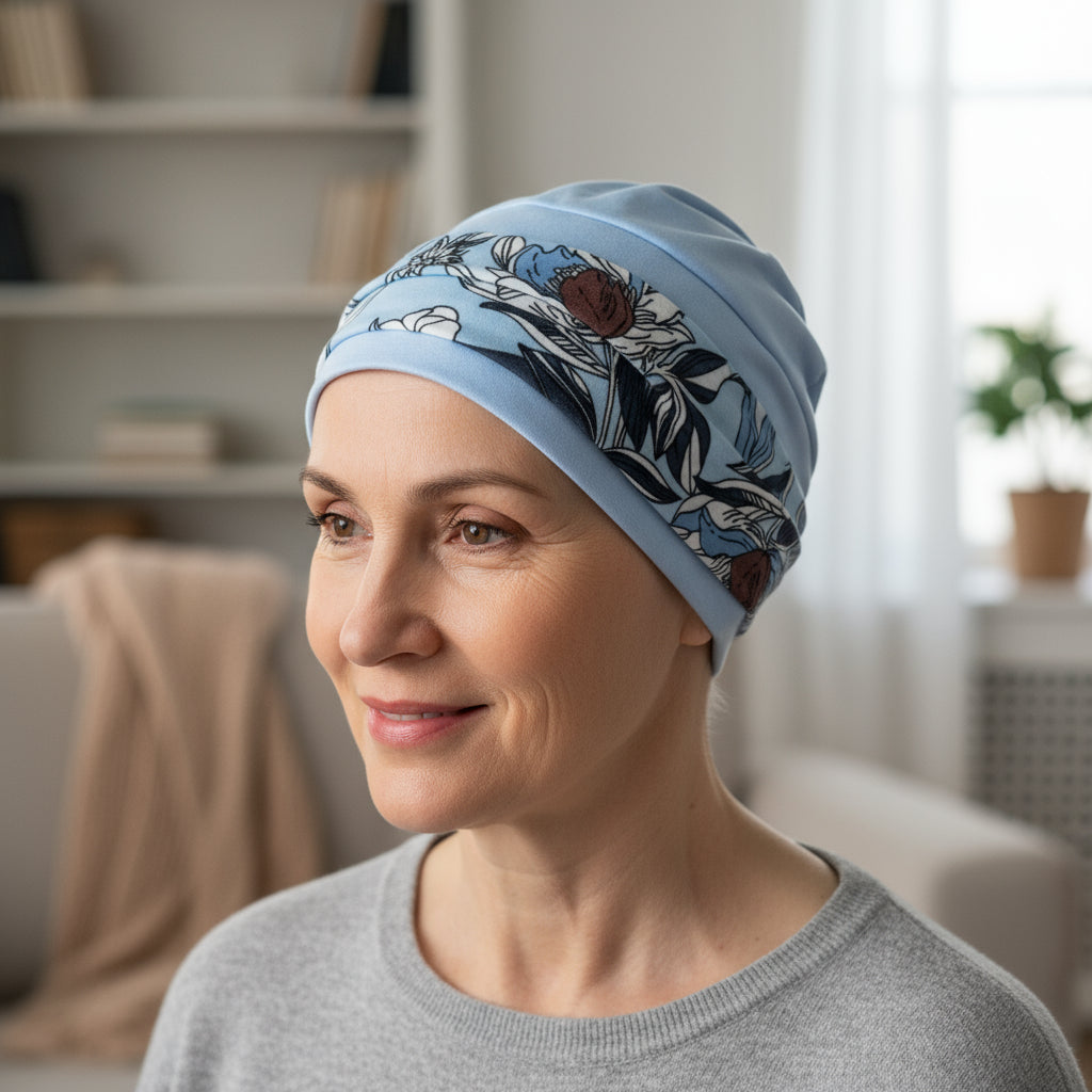 Woman wearing a blue patterned chemo hat in a home setting