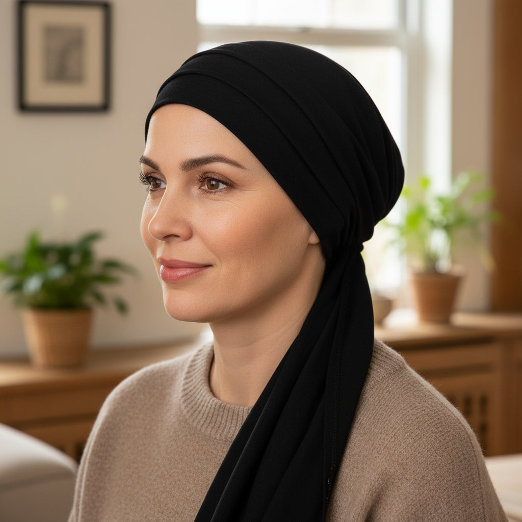 Woman wearing a black chemo headscarf in a home setting with plants and furniture.