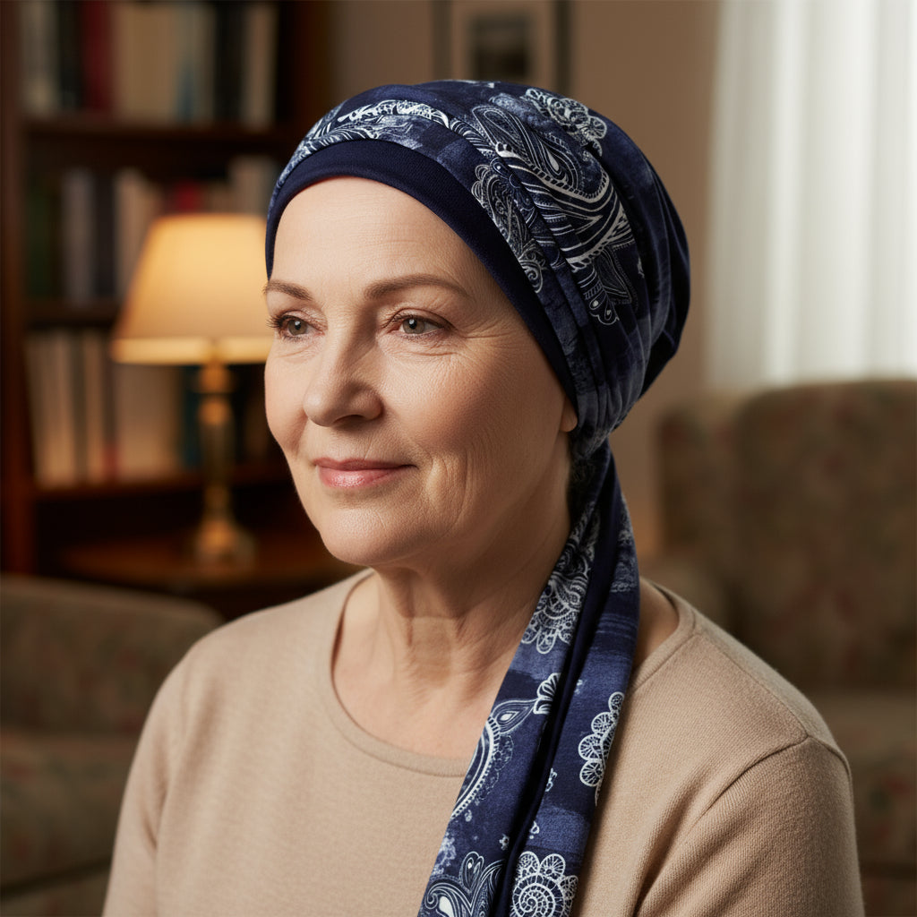 Woman wearing a blue patterned cancer headscarf in a home setting