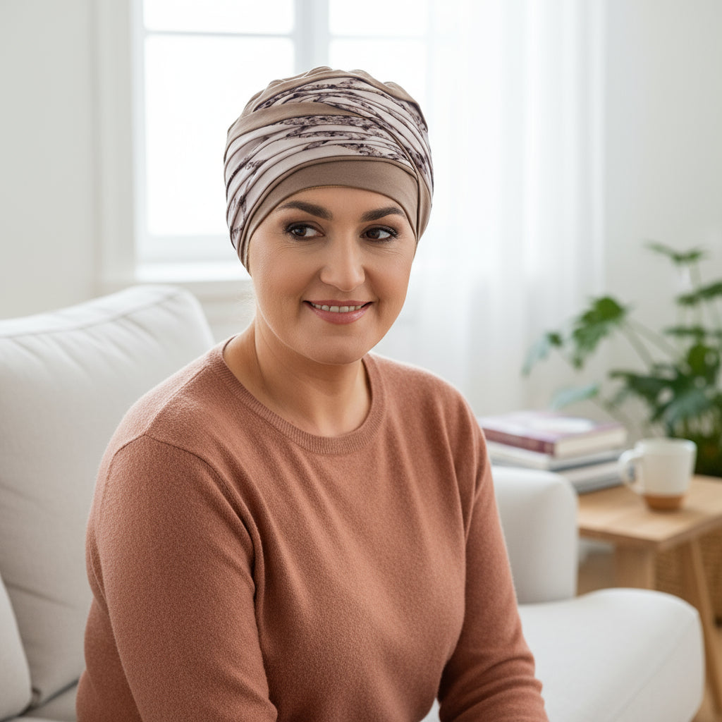 Woman wearing a patterned hat for cancer in a bright living room.