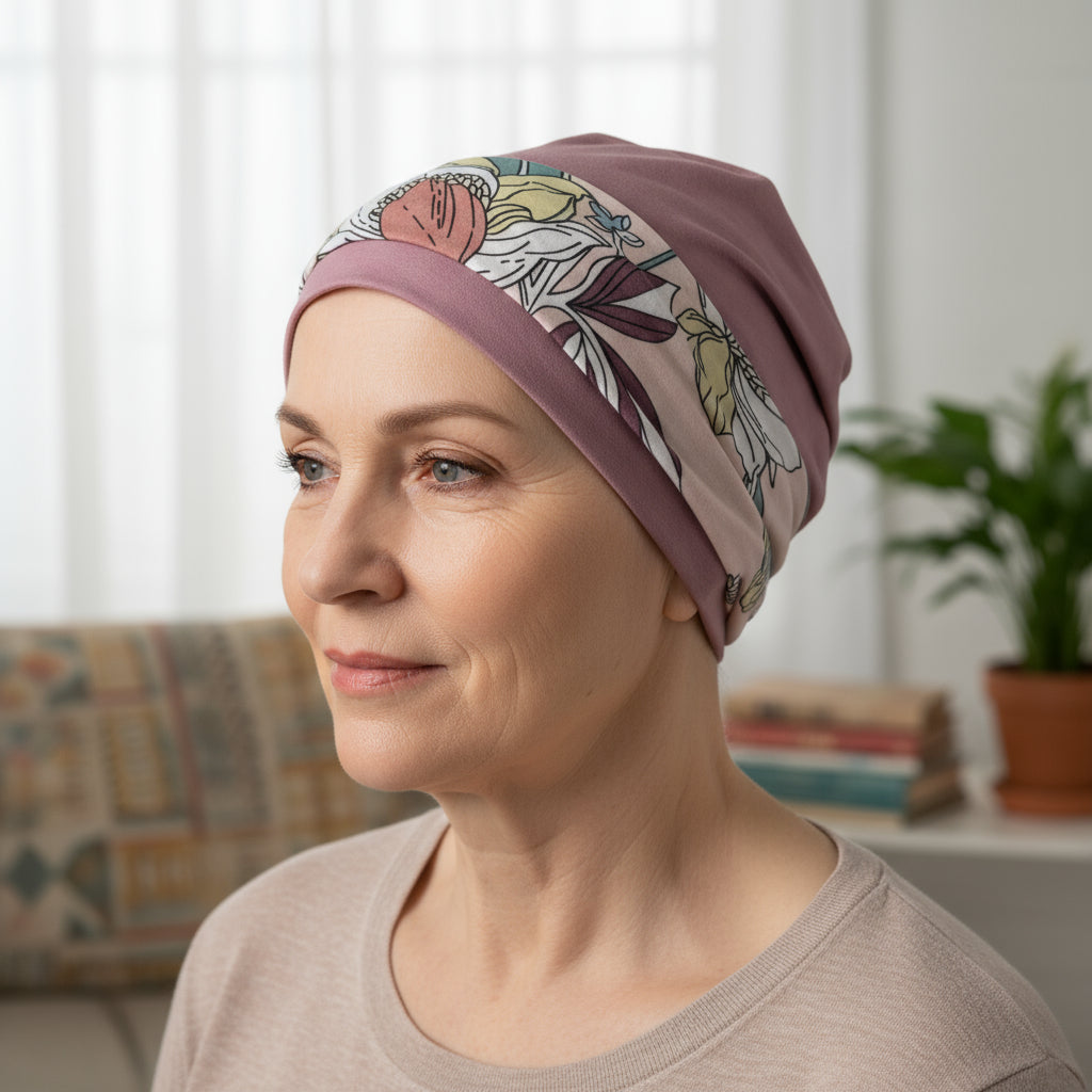 Woman wearing a patterned cancer hat in a home setting