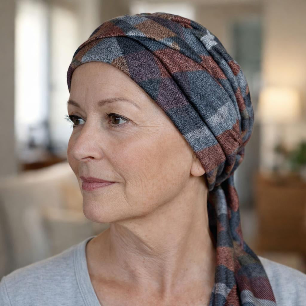 A close-up of a woman wearing a plaid headscarf in muted blue, gray, rust, and brown tones, with a soft-focus indoor background.