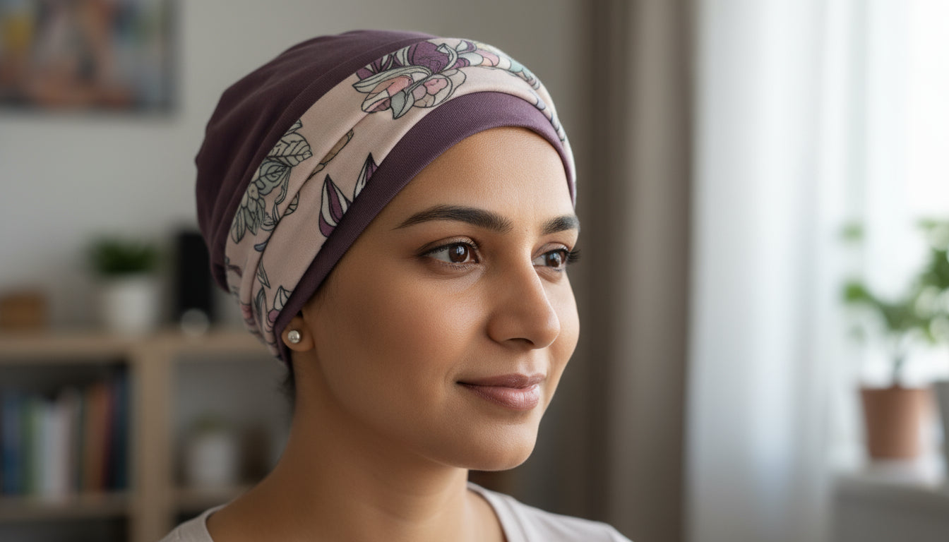 Woman wearing a chemo hat with a floral pattern in a home setting