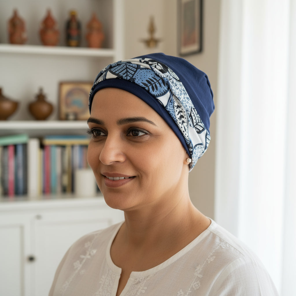 Woman wearing a blue patterned hat for chemotherapy patients in a room with books and decorative items.