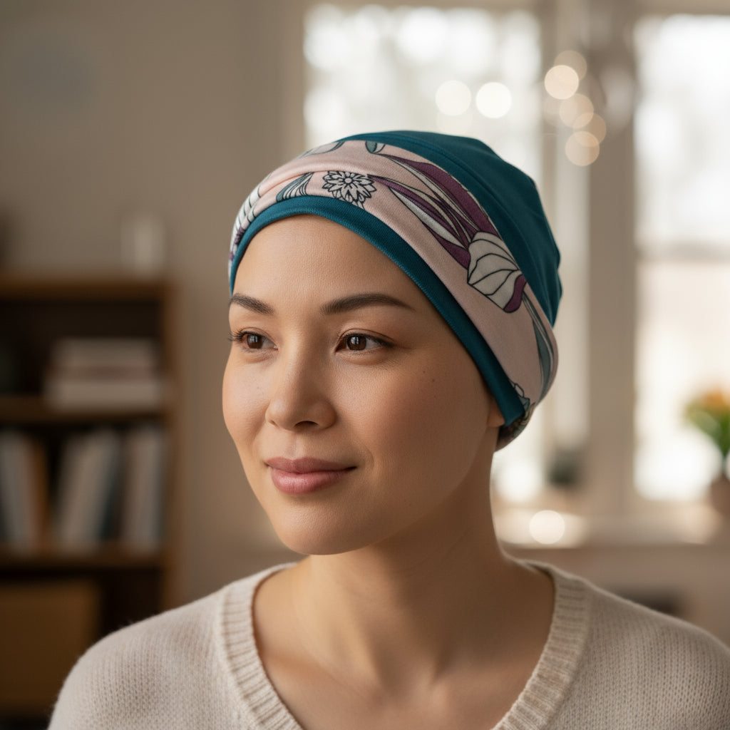 Woman wearing a patterned hat for cancer patients indoors