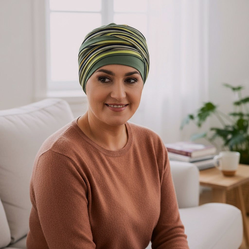 Woman wearing a green striped hat for hair loss in a living room setting