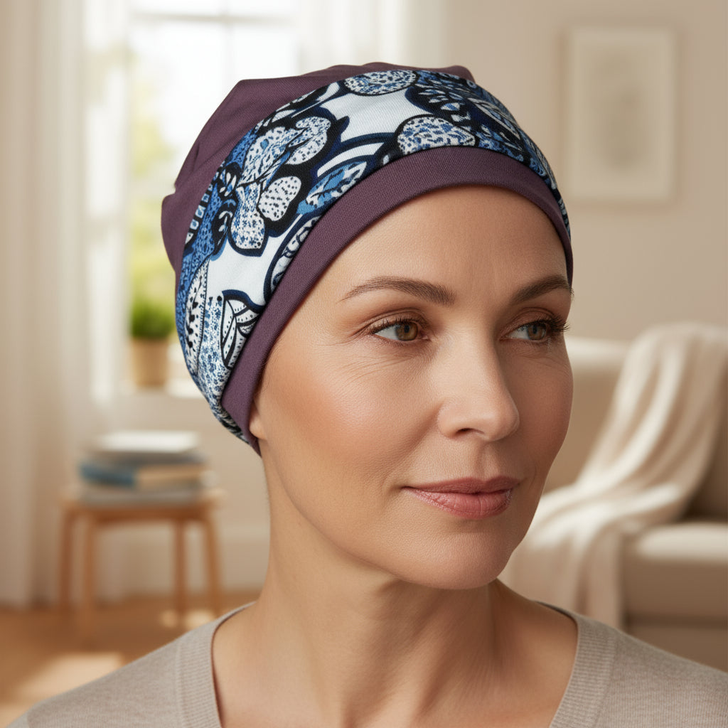 Woman wearing a patterned hat for chemotherapy patients in a home setting