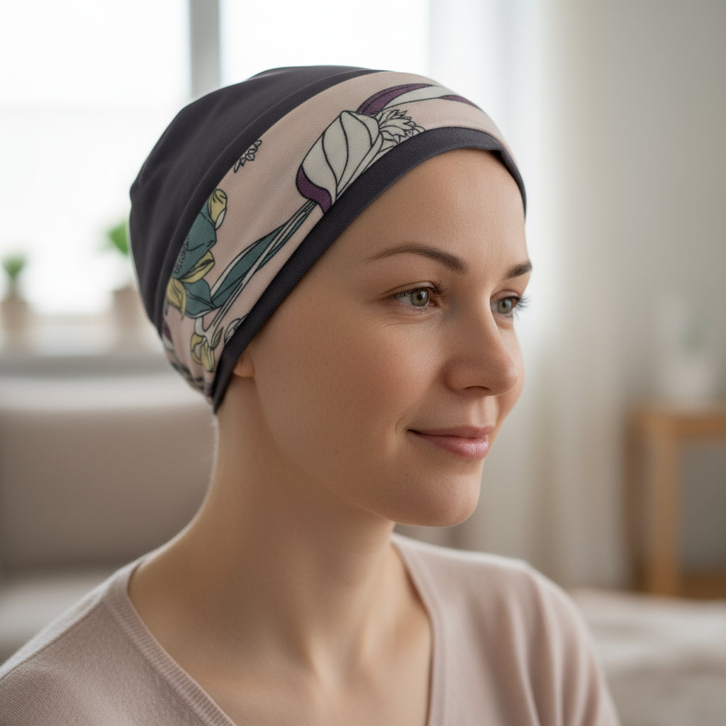 Woman wearing a patterned chemo hat in a bright indoor setting
