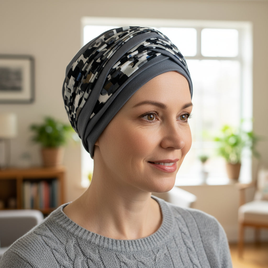 Woman wearing a patterned chemo hat in a home setting