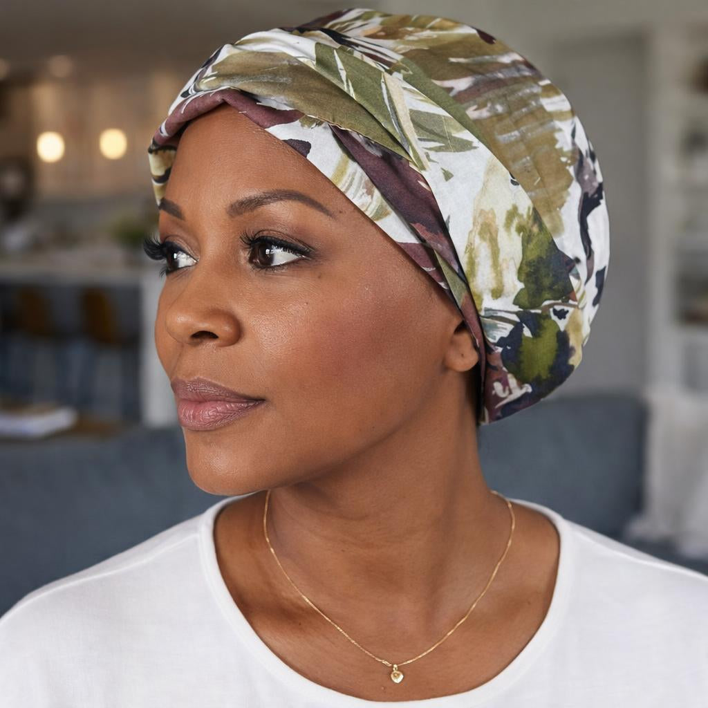 Woman wearing a patterned headscarf for chemotherapy patients in an indoor setting