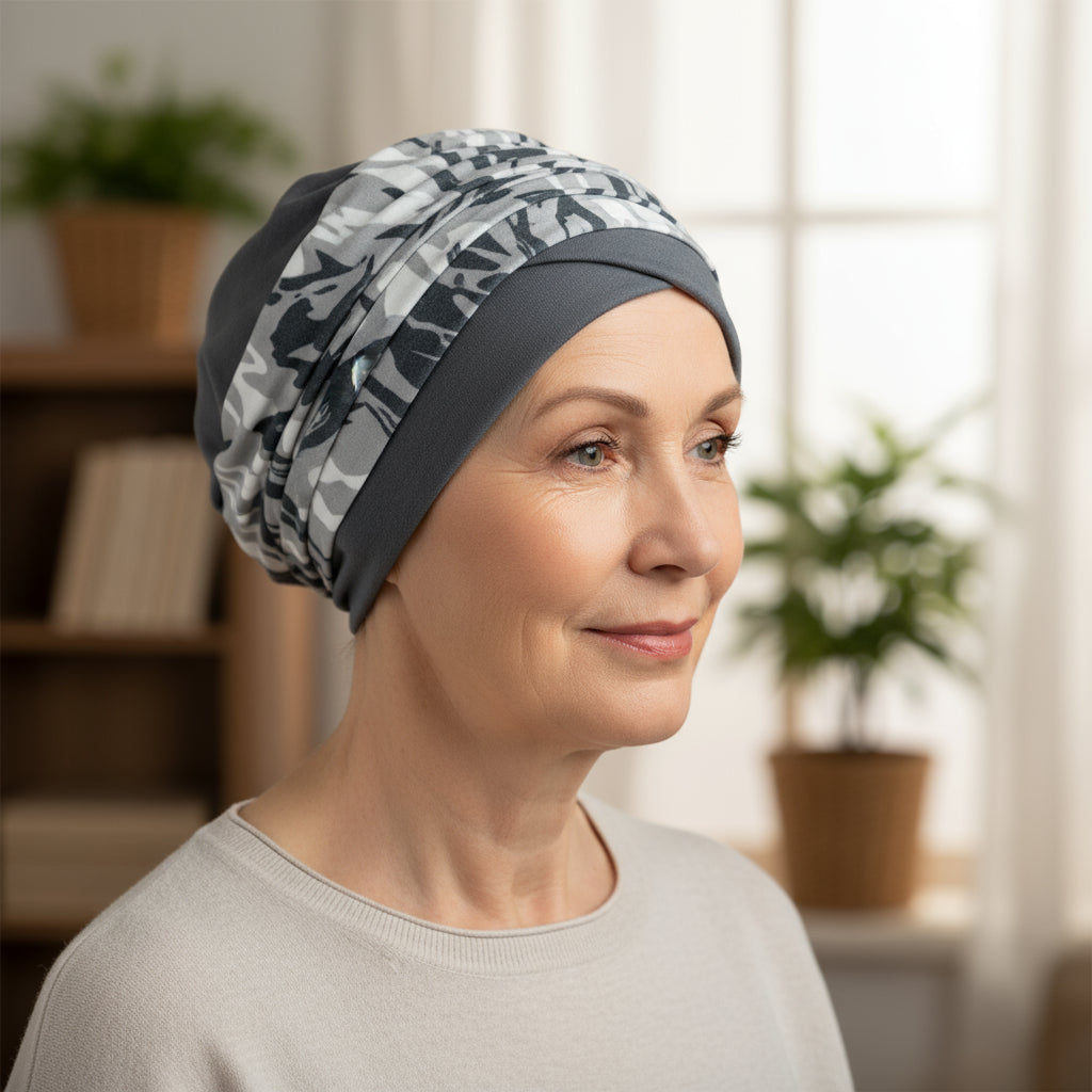 Woman wearing a patterned chemotherapy hat for hairloss in a home setting with plants and furniture.
