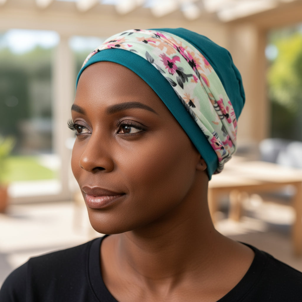 Woman wearing a floral hat for chemotherapy patients outdoors