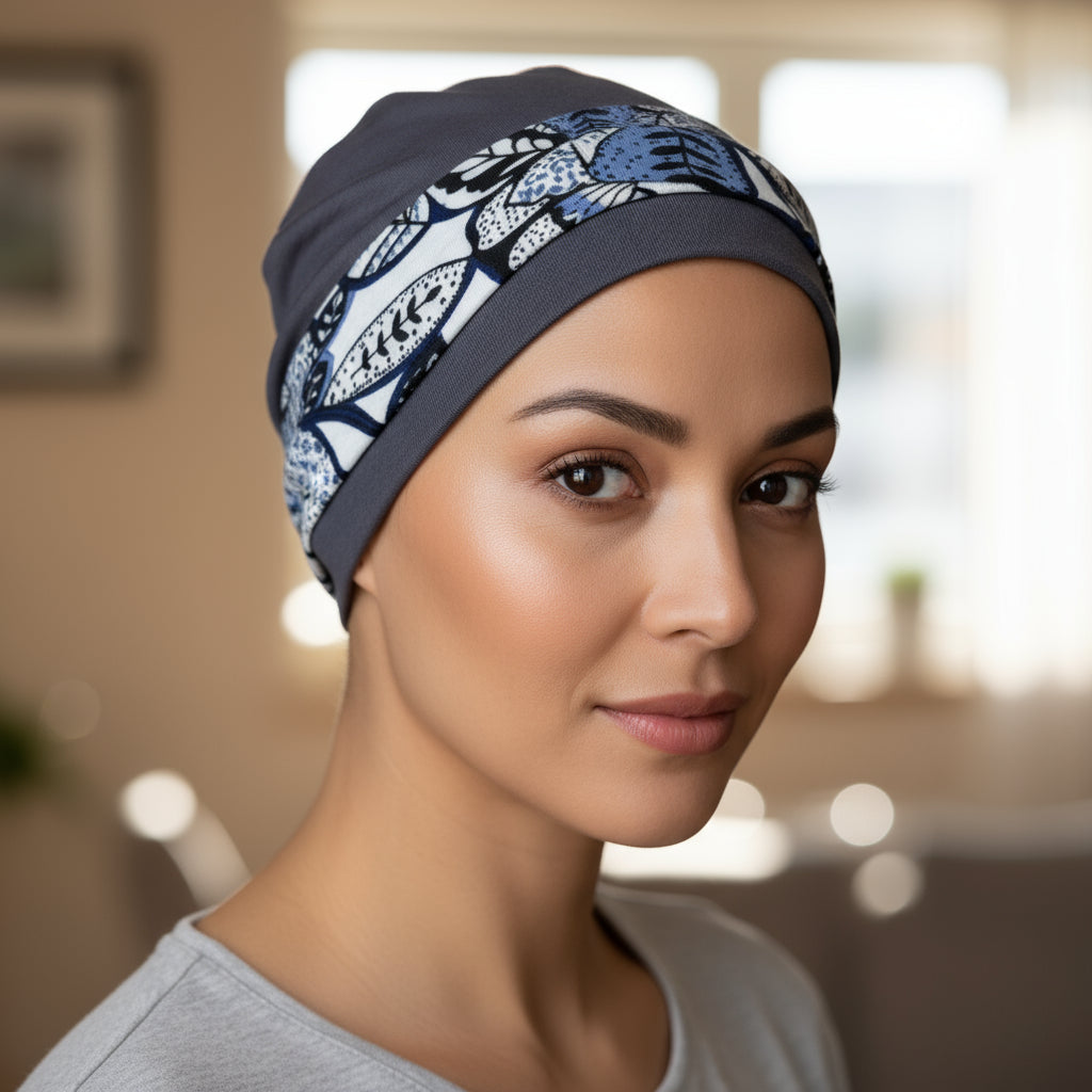 Woman wearing a patterned hat for chemotherapy patients in an indoor setting