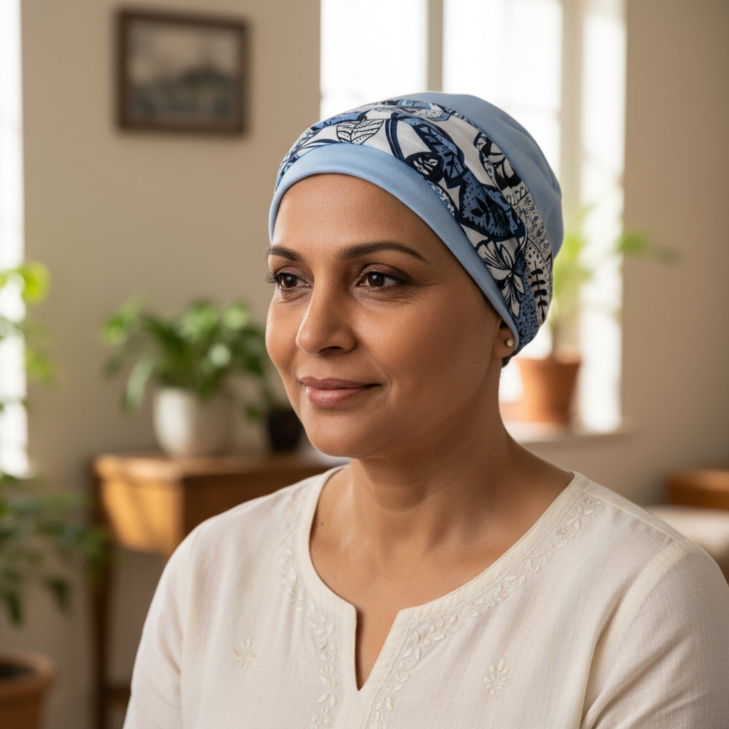 Woman wearing a blue patterned hat for chemotherapy patients in a home setting
