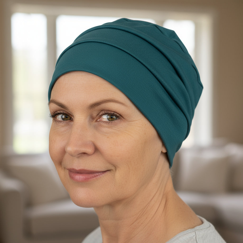Woman wearing a teal chemo hat for hair loss in an indoor setting
