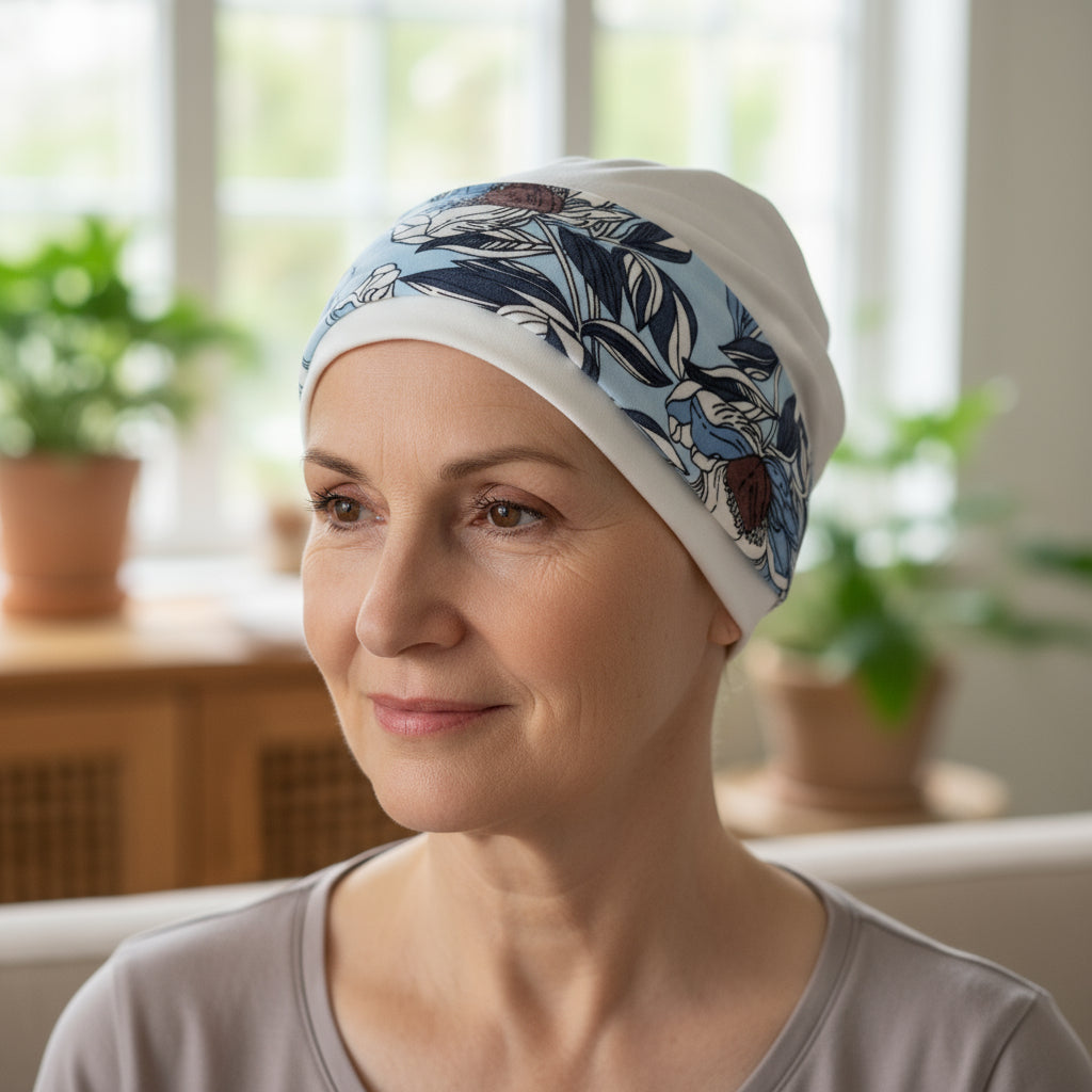 Woman wearing a patterned chemo hat in a bright room with plants