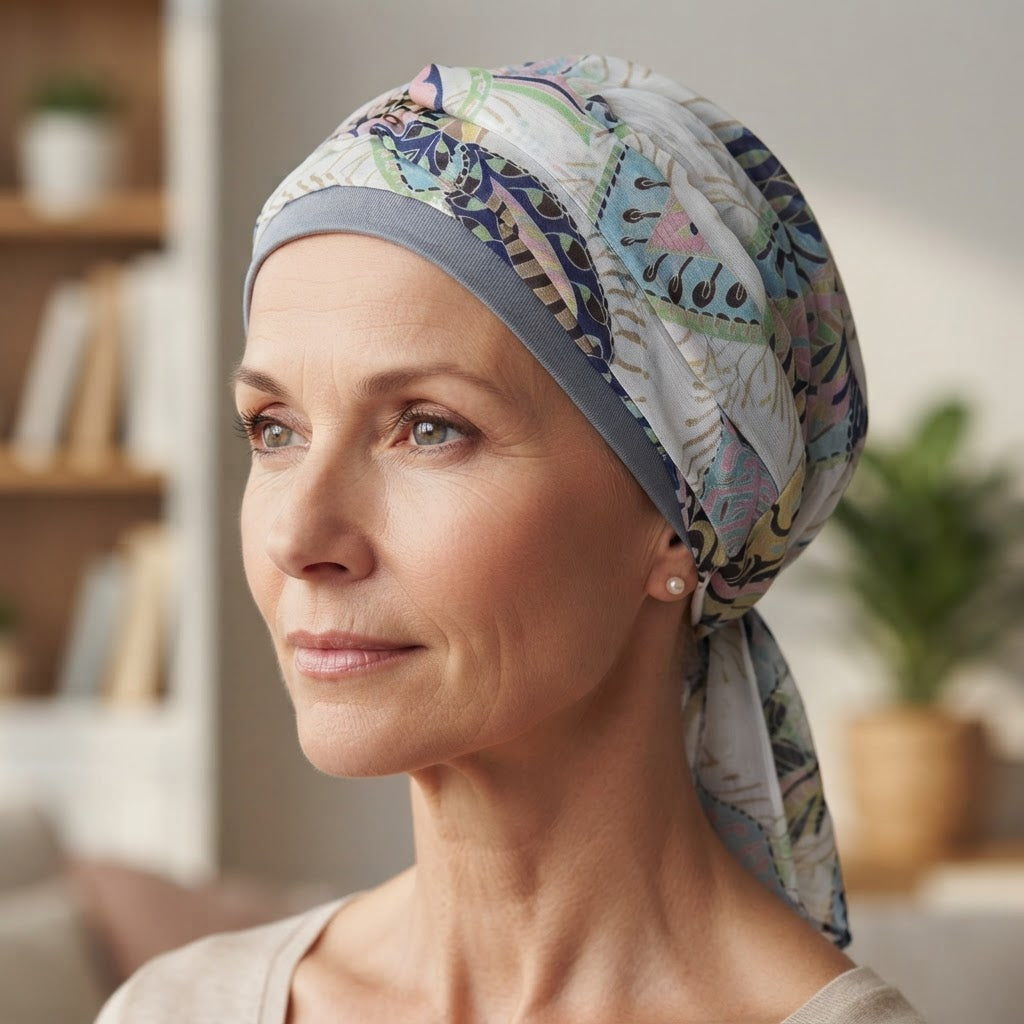 A woman wearing a patterned silk-like headscarf with a gray band, shown in a softly lit indoor setting.