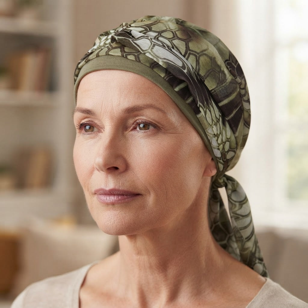 A close-up portrait of a woman wearing a patterned green and black headscarf in a softly lit indoor setting.
