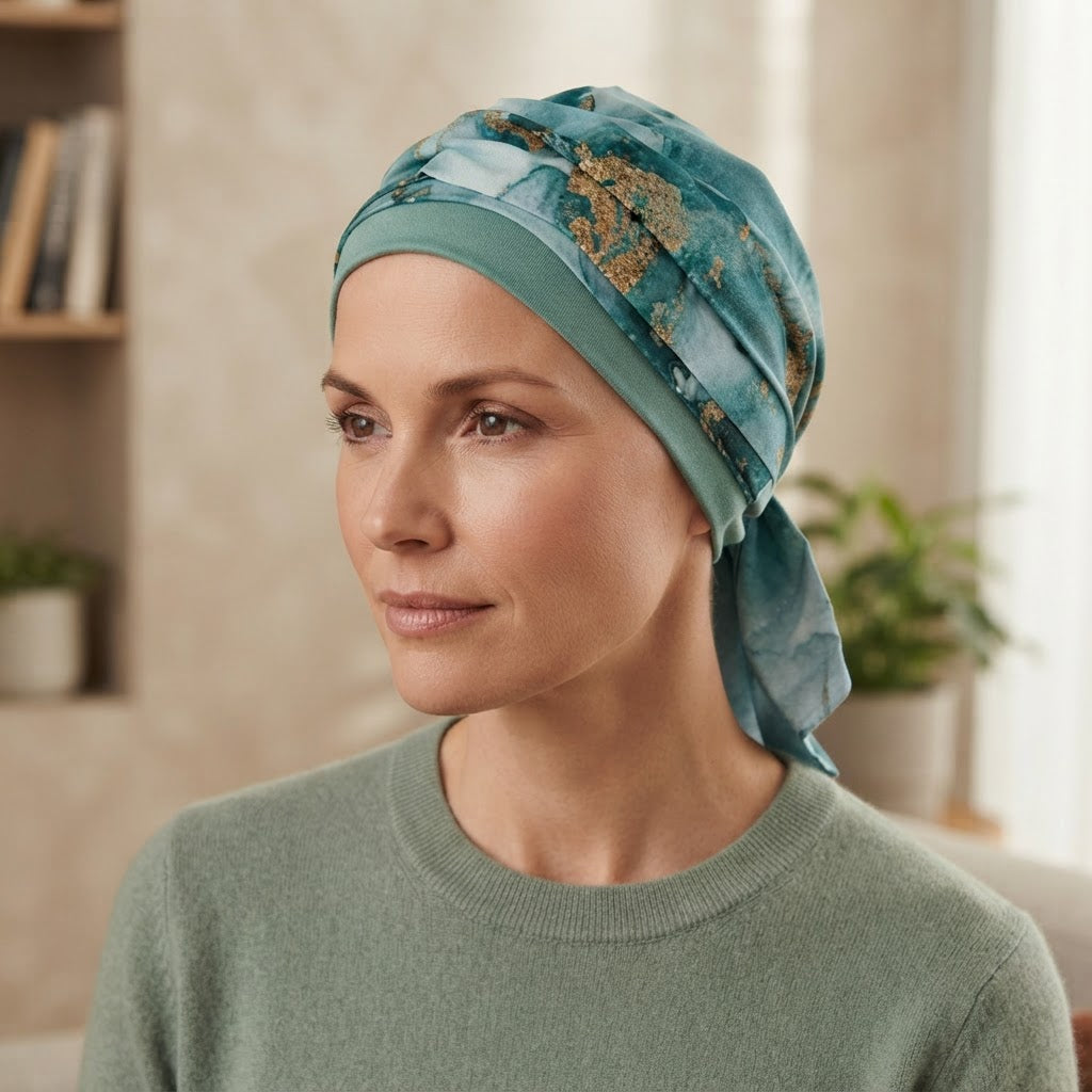 A woman wearing a teal blue patterned silk-like headscarf and a sage green knit sweater, shown in a softly lit indoor setting.