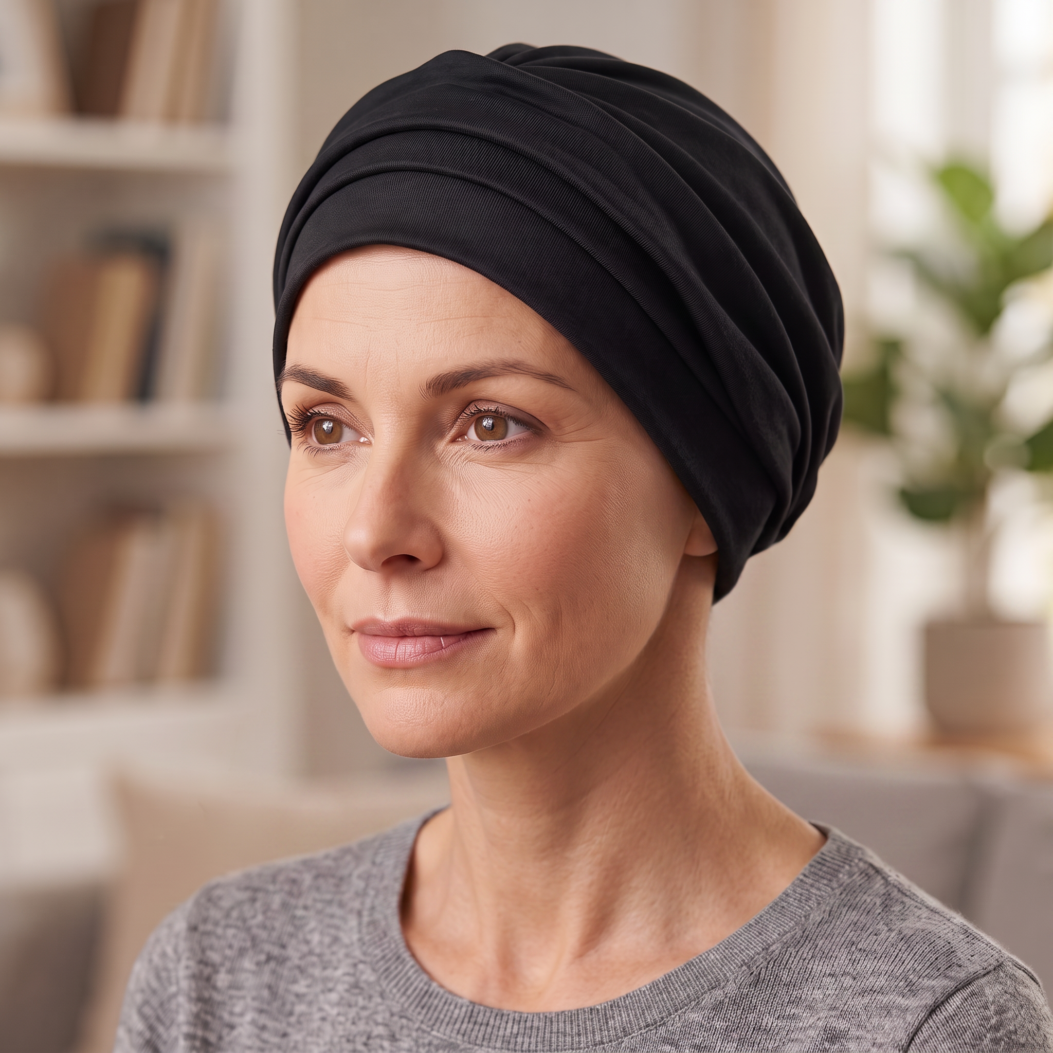 A woman wearing a black fabric head covering or turban-style cap, shown from the chest up in a softly lit indoor setting with blurred bookshelves and a plant in the background.