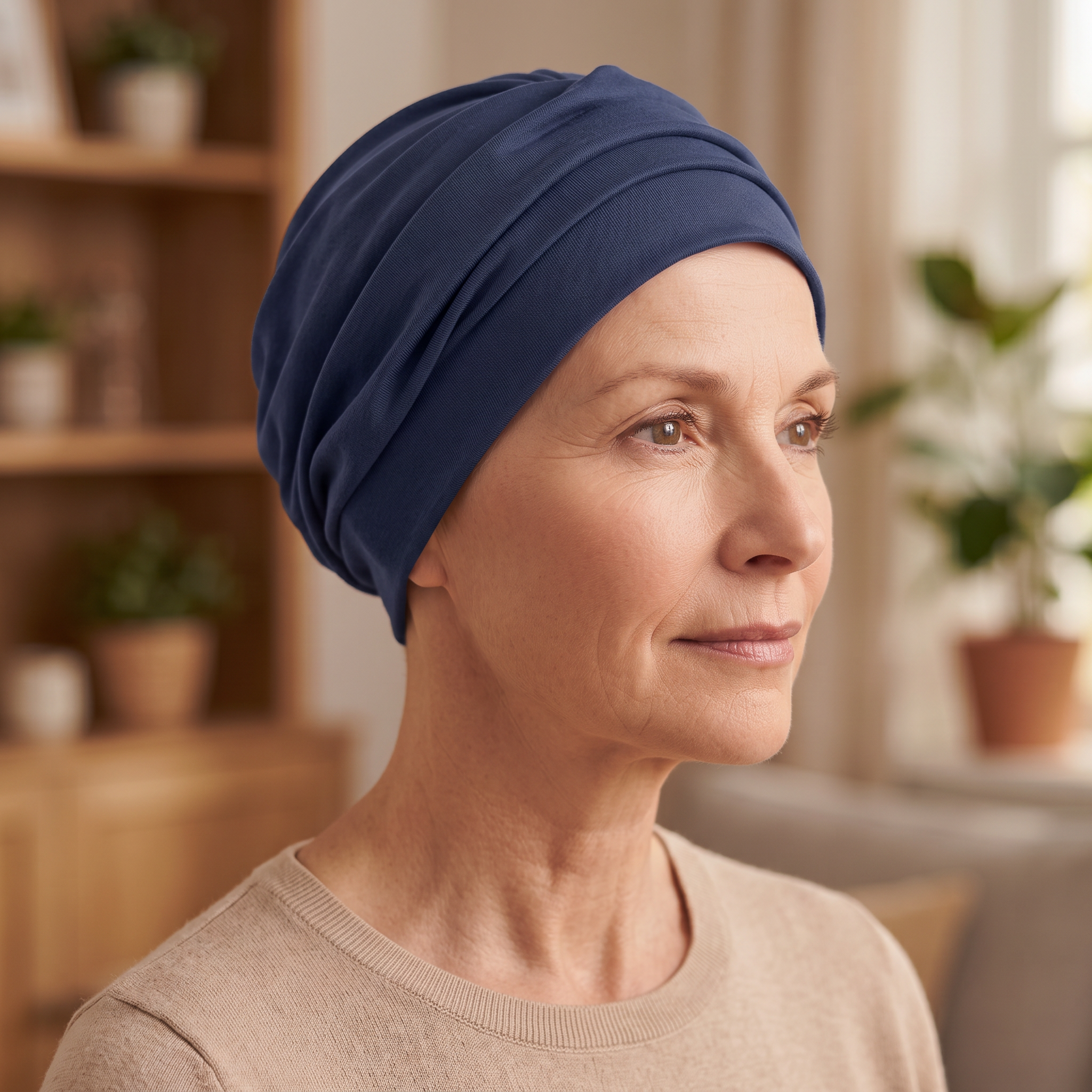 A woman wearing a navy blue fabric head covering or turban-style cap, shown in a softly lit indoor setting with blurred shelves and plants in the background.